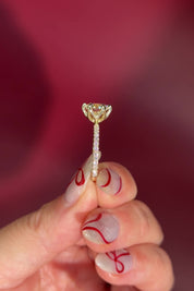 Round Solitaire Engagement Ring with Pavé Side Diamonds in yellow Gold with Petal Prongs being held by hand