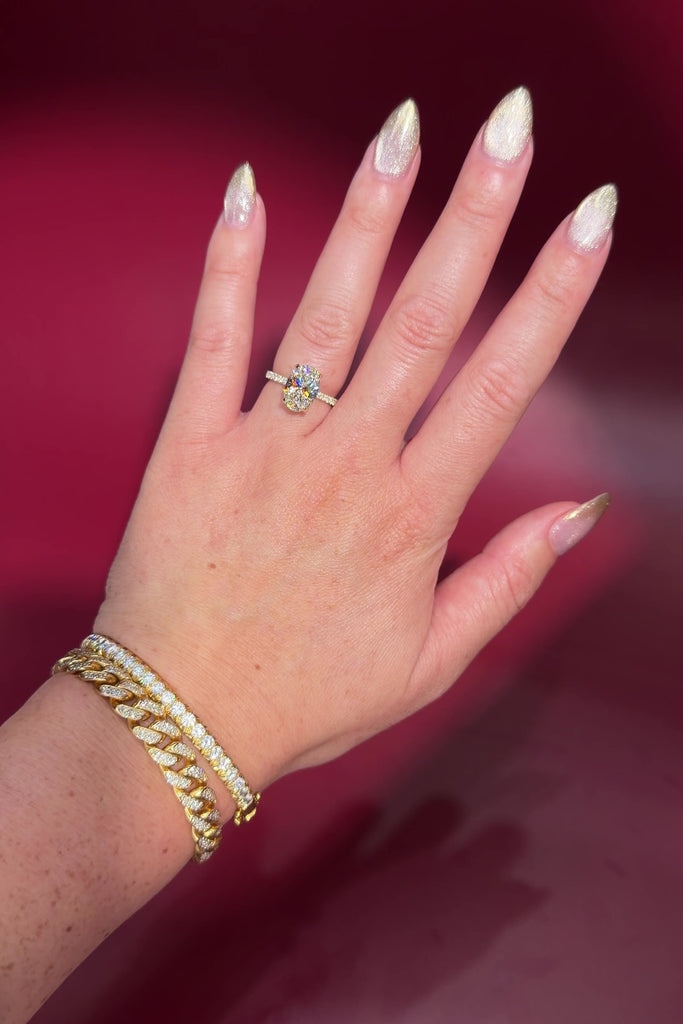 3.05ct D-VVS2 Oval Lab Diamond Stephanie Wrap Under Halo and Pave Band in Yellow Gold