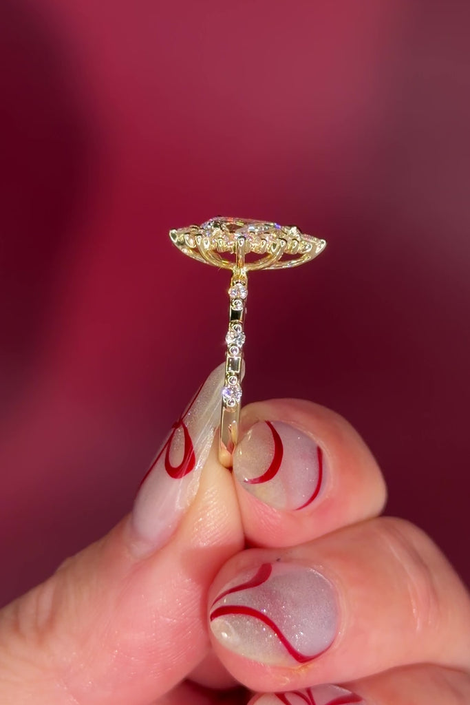 Vintage Style Pear Snowflake Halo Engagement Ring with Spaced Diamonds