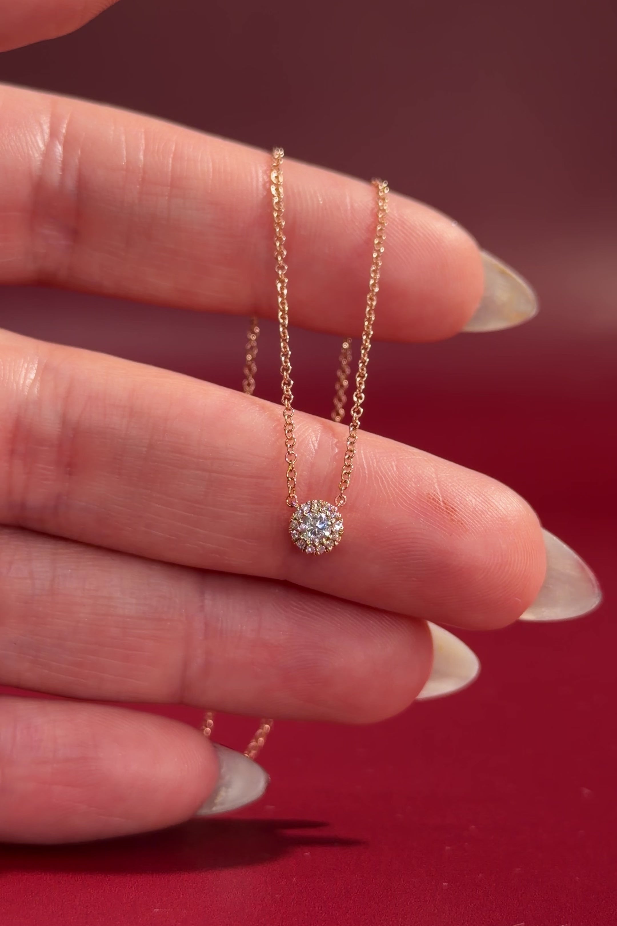 Mini Diamond Halo Necklace Rose Gold