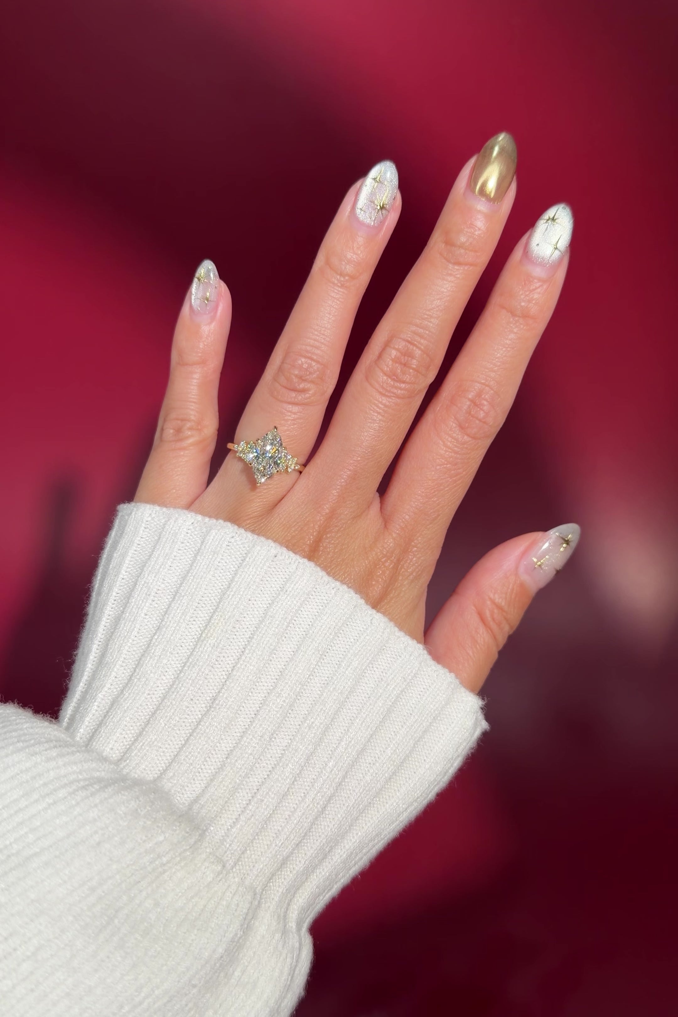 marquise lab diamond yellow gold engagement ring side stone cluster nature inspired on hand