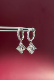 Princess cut Lab Diamond Drop Hoops with pave diamonds in White Gold at princess Bride diamonds jewelry store in huntington beach california 