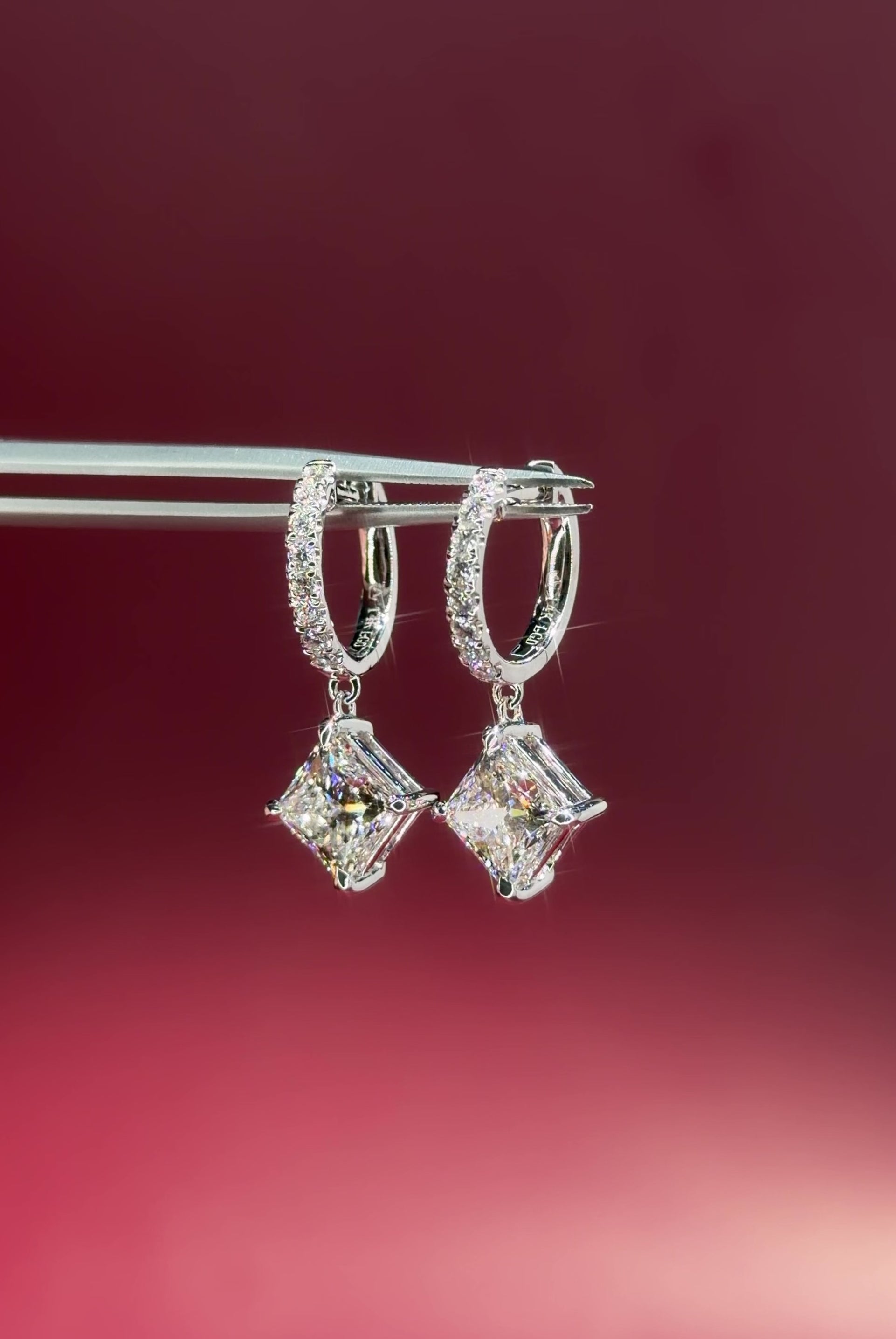 Princess cut Lab Diamond Drop Hoops with pave diamonds in White Gold at princess Bride diamonds jewelry store in huntington beach california 