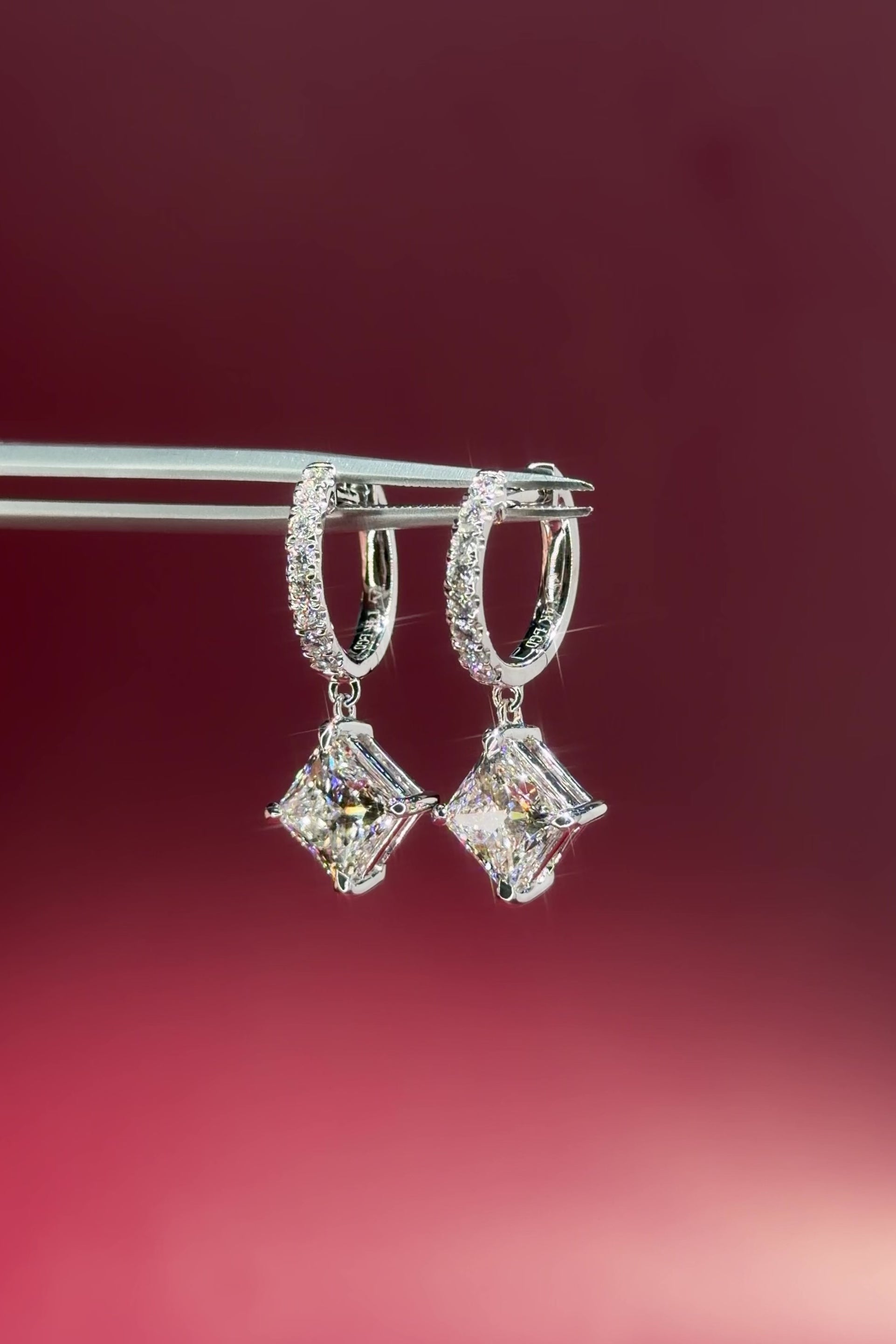 Princess cut Lab Diamond Drop Hoops with pave diamonds in White Gold at princess Bride diamonds jewelry store in huntington beach california 