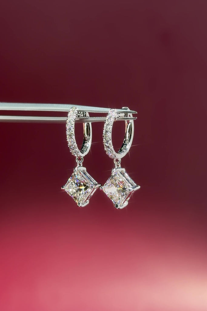 Princess cut Lab Diamond Drop Hoops with pave diamonds in White Gold at princess Bride diamonds jewelry store in huntington beach california 