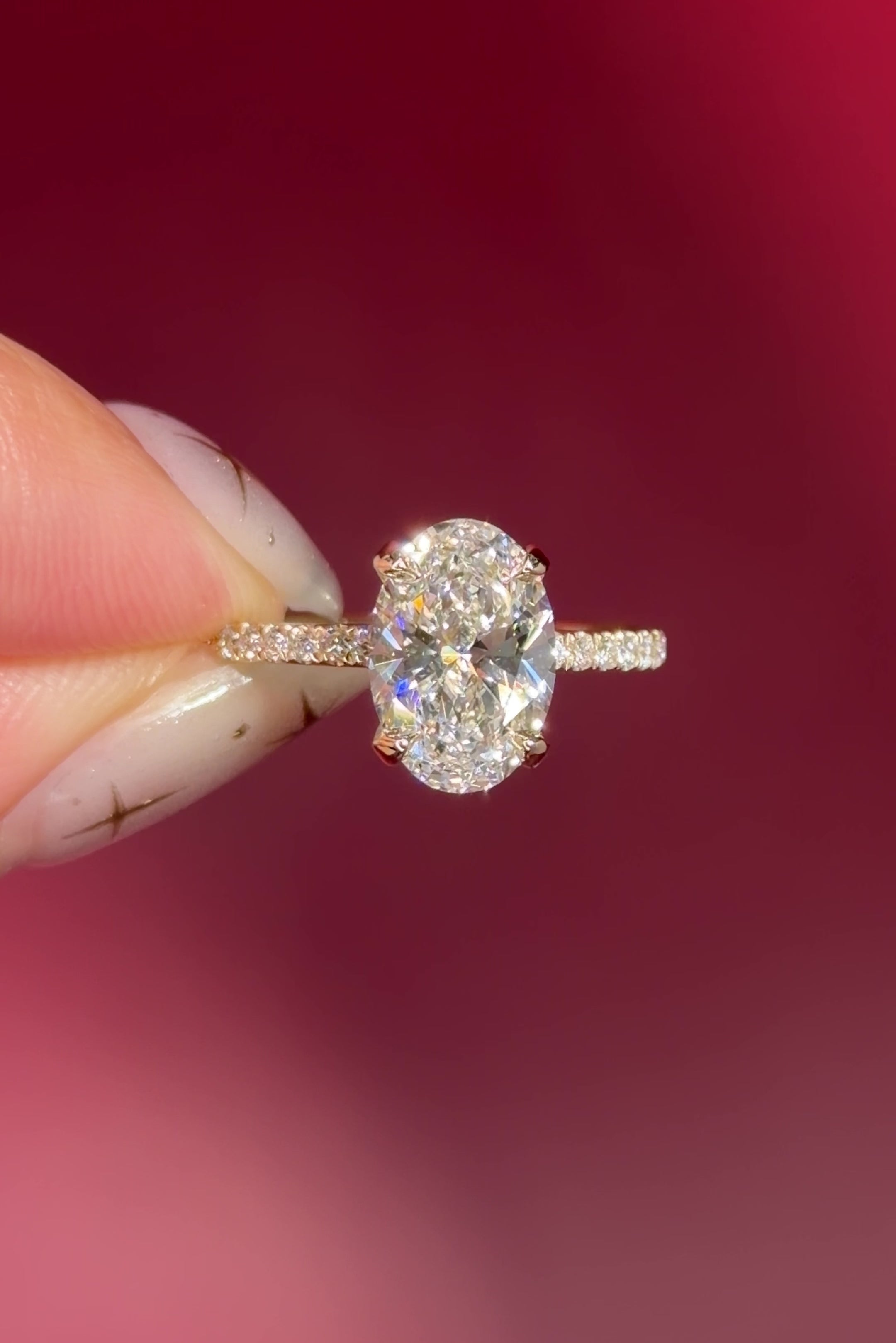 oval lab diamond engagement ring pave band hidden halo yellow gold