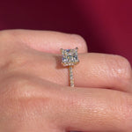 princess cut lab diamond pave engagement ring yellow gold with hidden halo on hand