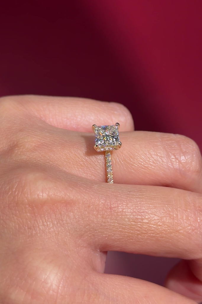 princess cut lab diamond pave engagement ring yellow gold with hidden halo on hand