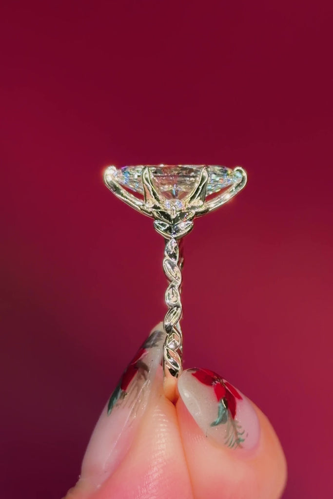 marquise diamond leafy nature inspired yellow gold engagement ring