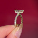 2.74ct E-VS1 Radiant Lab Diamond East West Ring. This is a traditional style engagement ring featuring a wrap under halo and east west radiant cut lab diamonds set into the band. The entire ring is made in solid 14k yellow gold.