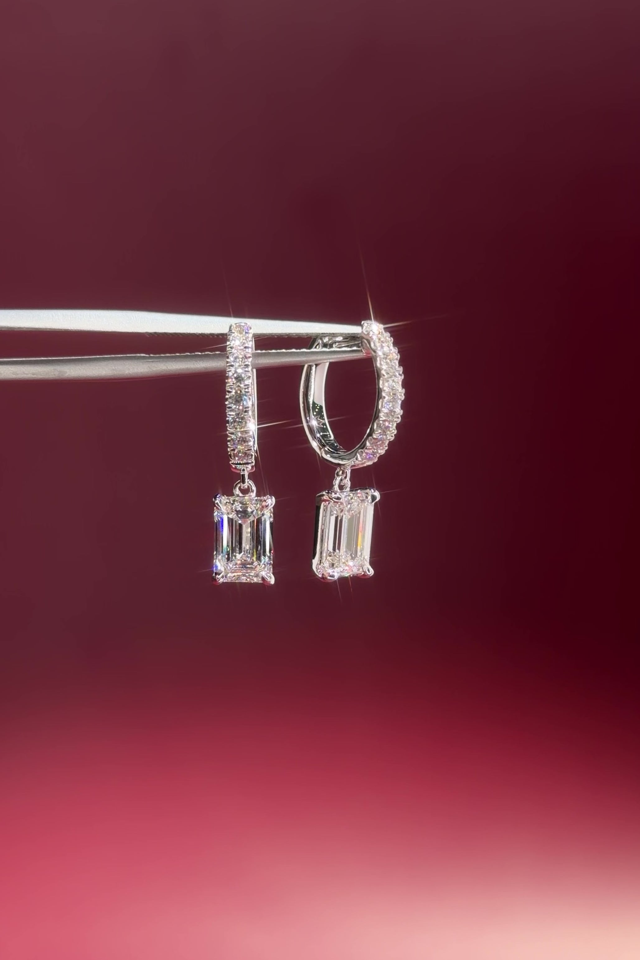 Emerald Diamond Drop Hoops White Gold with pave hoops dangle earrings at princess bride diamonds in huntington beach california 