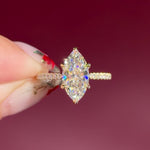 marquise lab diamond engagement ring yellow gold pave diamond band cathedral setting