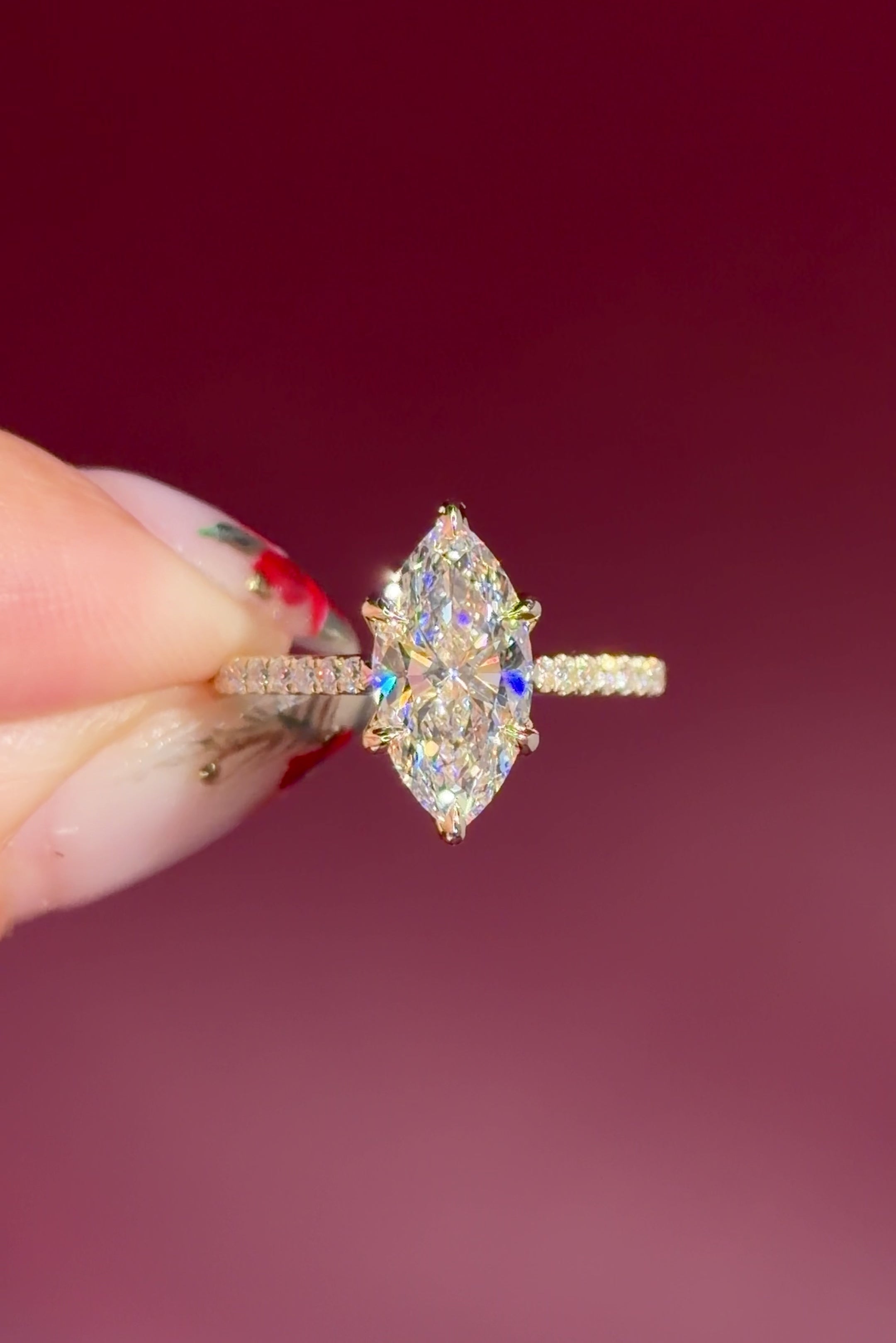 marquise lab diamond engagement ring yellow gold pave diamond band cathedral setting