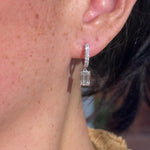 Emerald Diamond Drop Hoops White Gold with pave hoops dangle earrings with seamless click closure at princess bride diamonds in huntington beach california on model