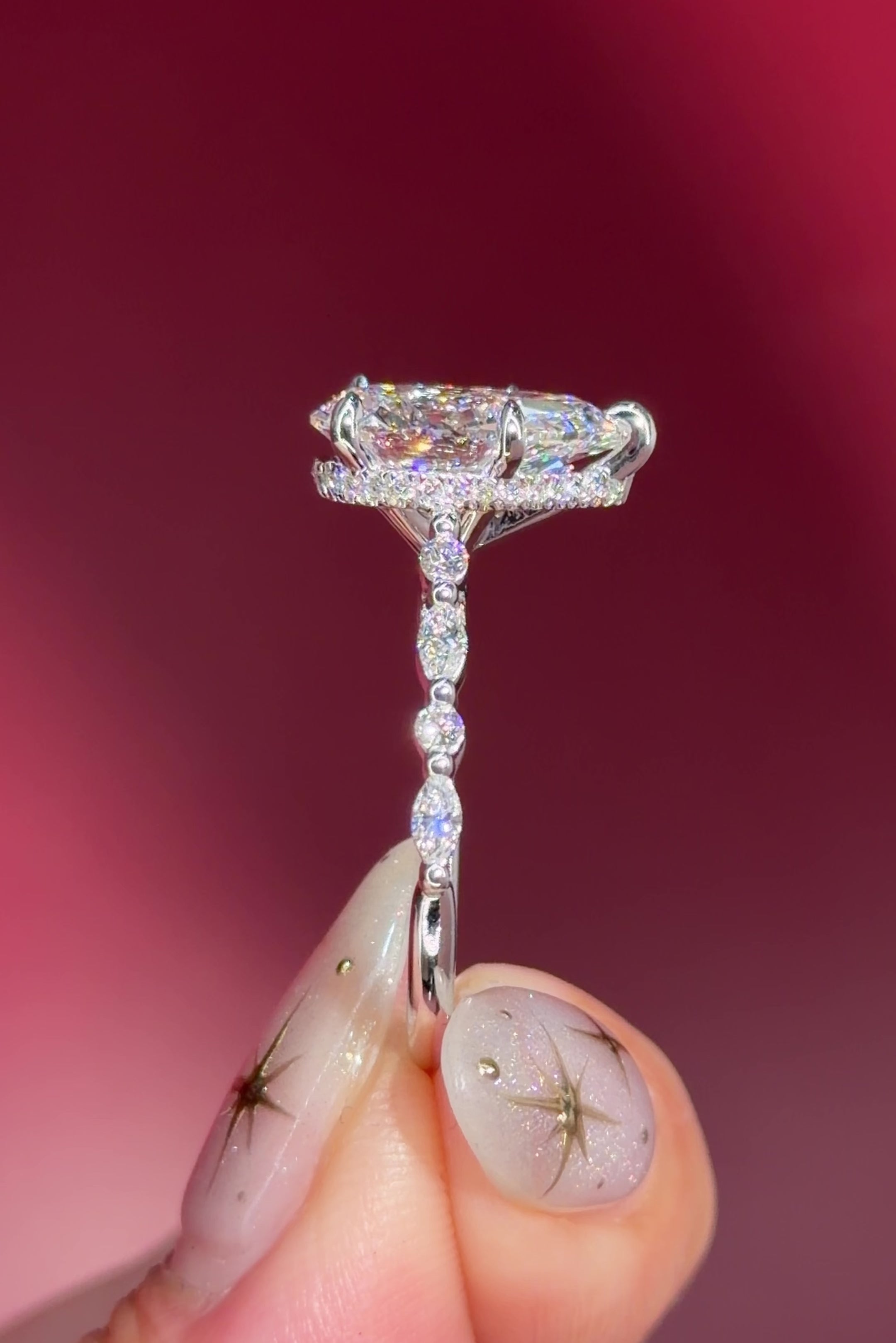 pear lab diamond white gold cathedral engagement ring floating diamond band with hidden halo