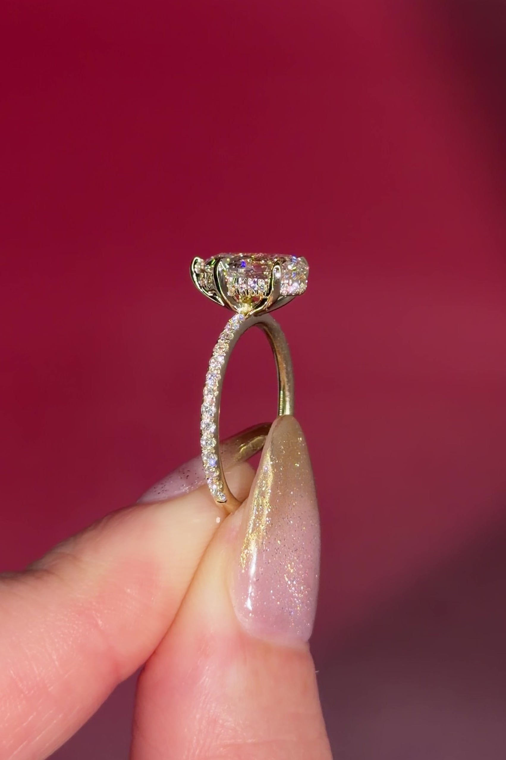 &nbsp;2.00ct D-VVS1 Pear Lab Diamond Kayla. The Kayla is a traditional style body engagement ring with a hidden halo that goes between the prongs, she showcases a classic comfort-fit band, subtly complemented by pave diamonds set on the band.