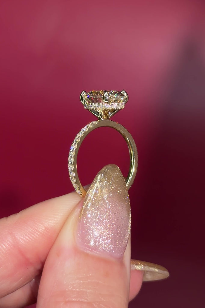 3.05ct D-VVS2 Oval Lab Diamond Stephanie Wrap Under Halo and Pave Band in Yellow Gold