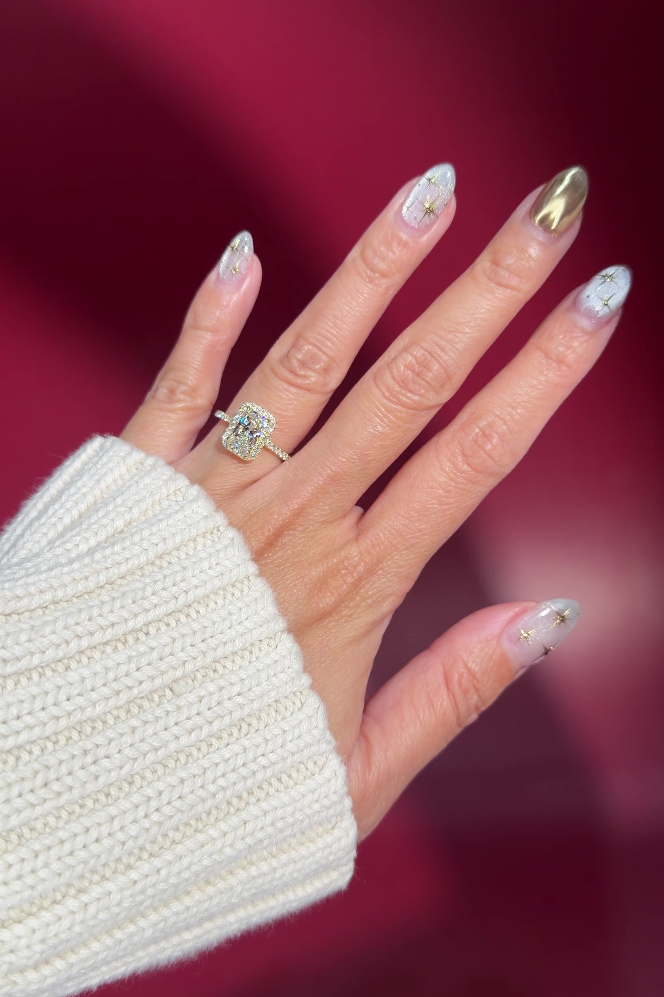 radiant lab diamond halo engagement ring pave yellow gold with diamond bridge and open gallery on hand