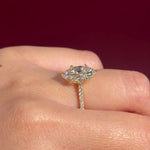 marquise lab diamond engagement ring yellow gold pave diamond band cathedral setting on hand