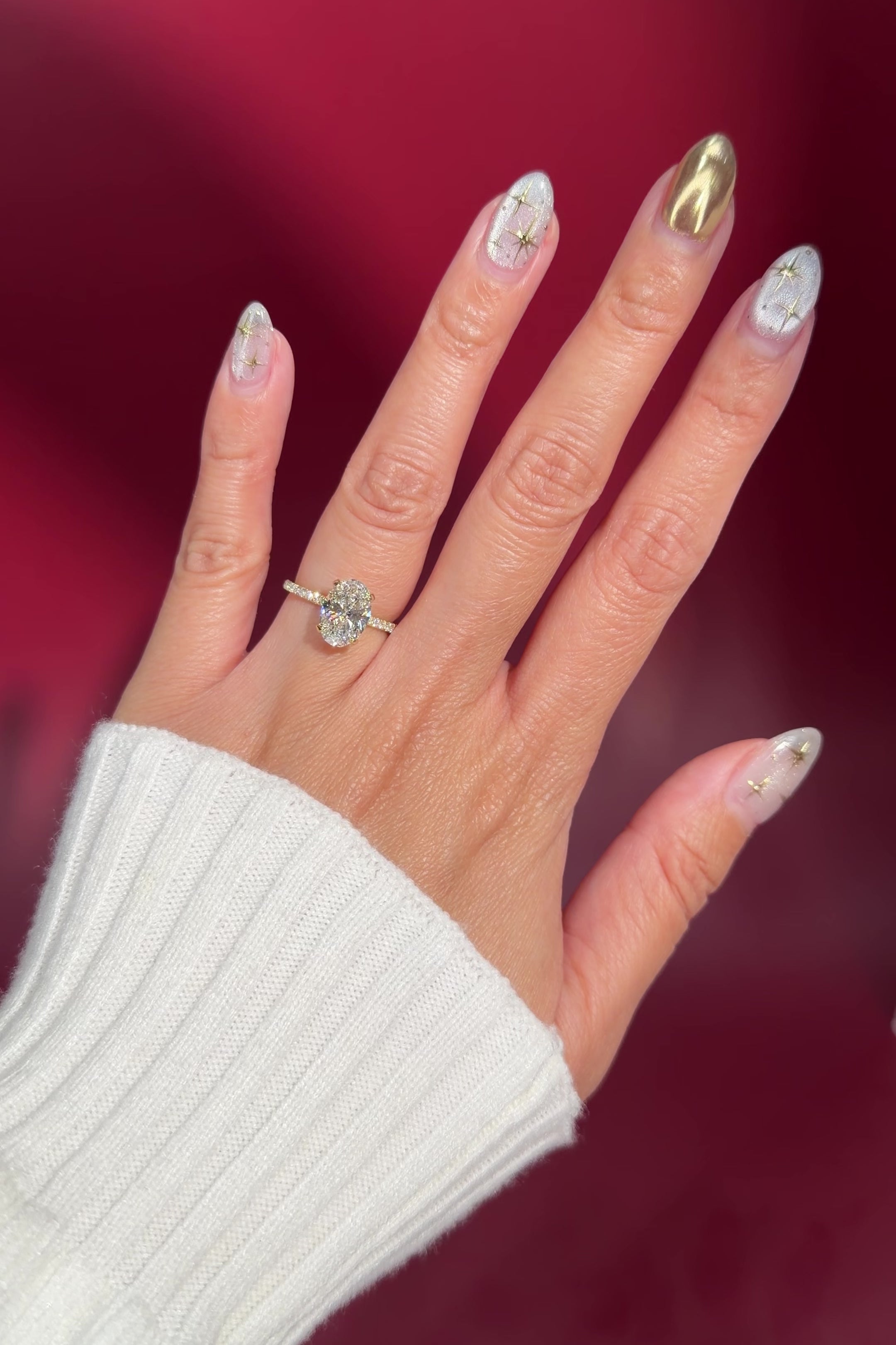 oval lab diamond engagement ring pave band hidden halo yellow gold on hand