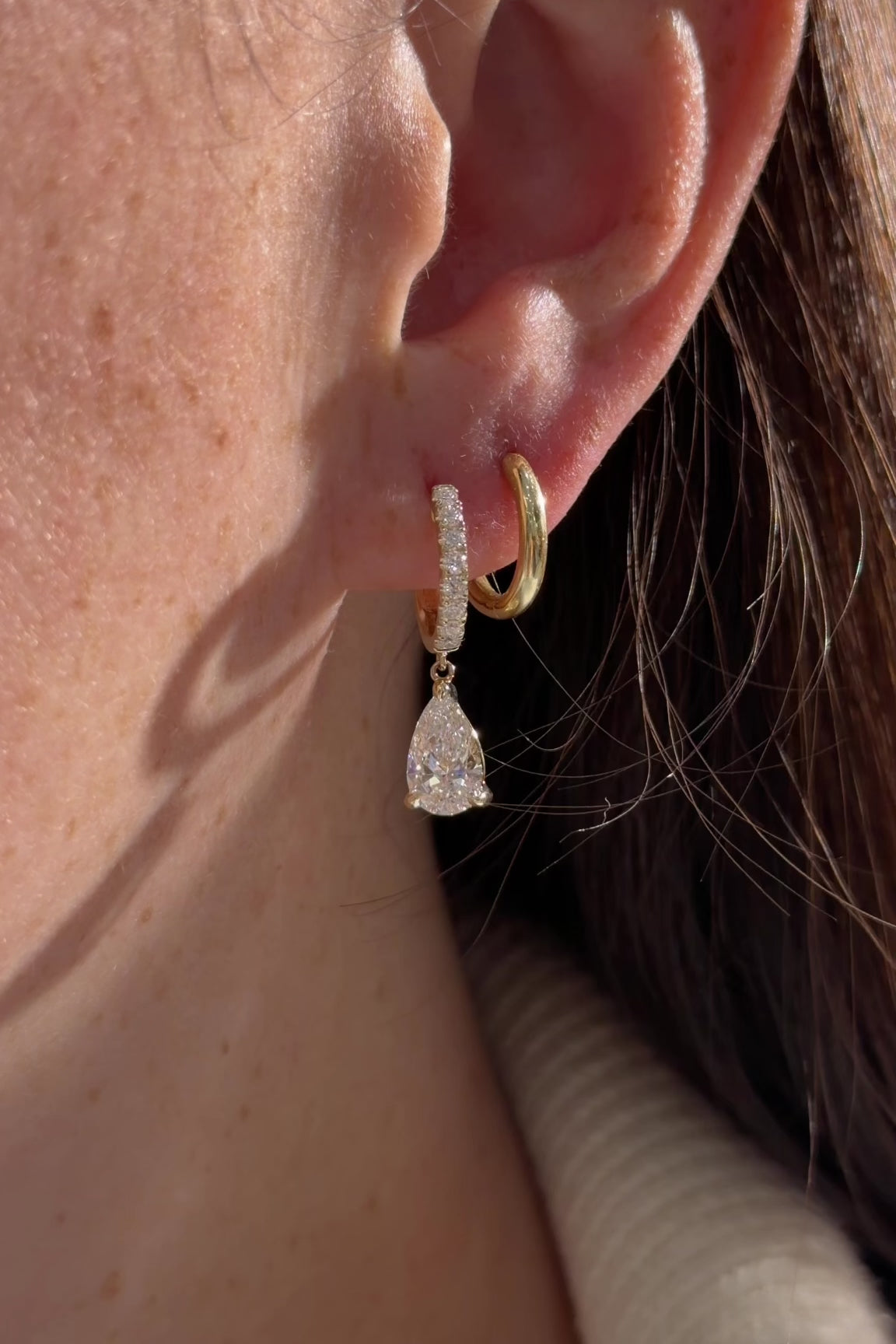 Pear Diamond Drop Hoops Yellow Gold