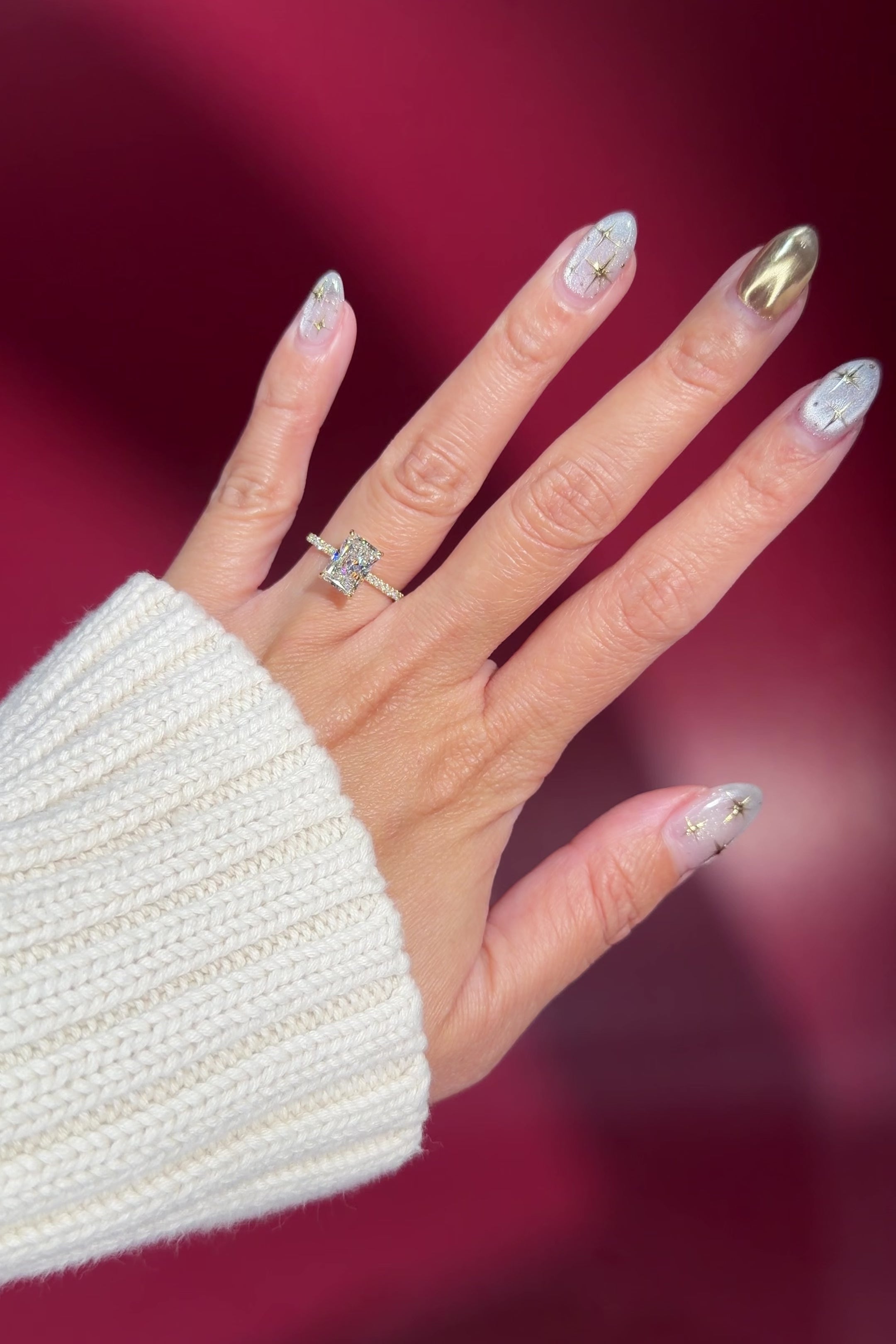 radiant lab diamond yellow gold pave engagement ring flower petal prong basket on hand