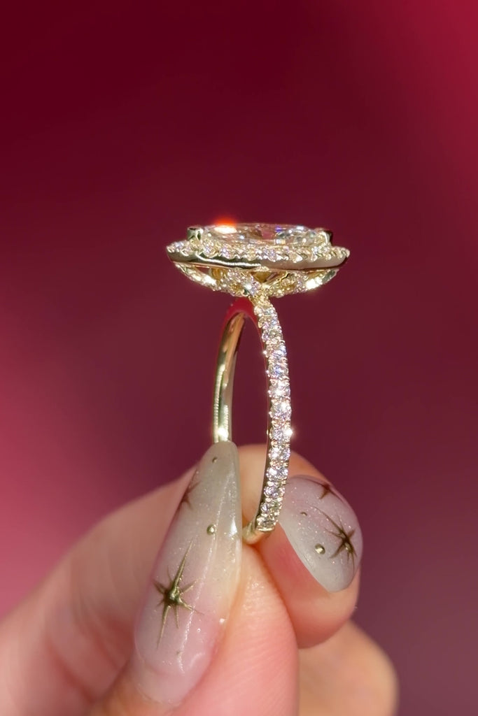 marquise lab diamond halo engagement ring with diamond petal prong basket