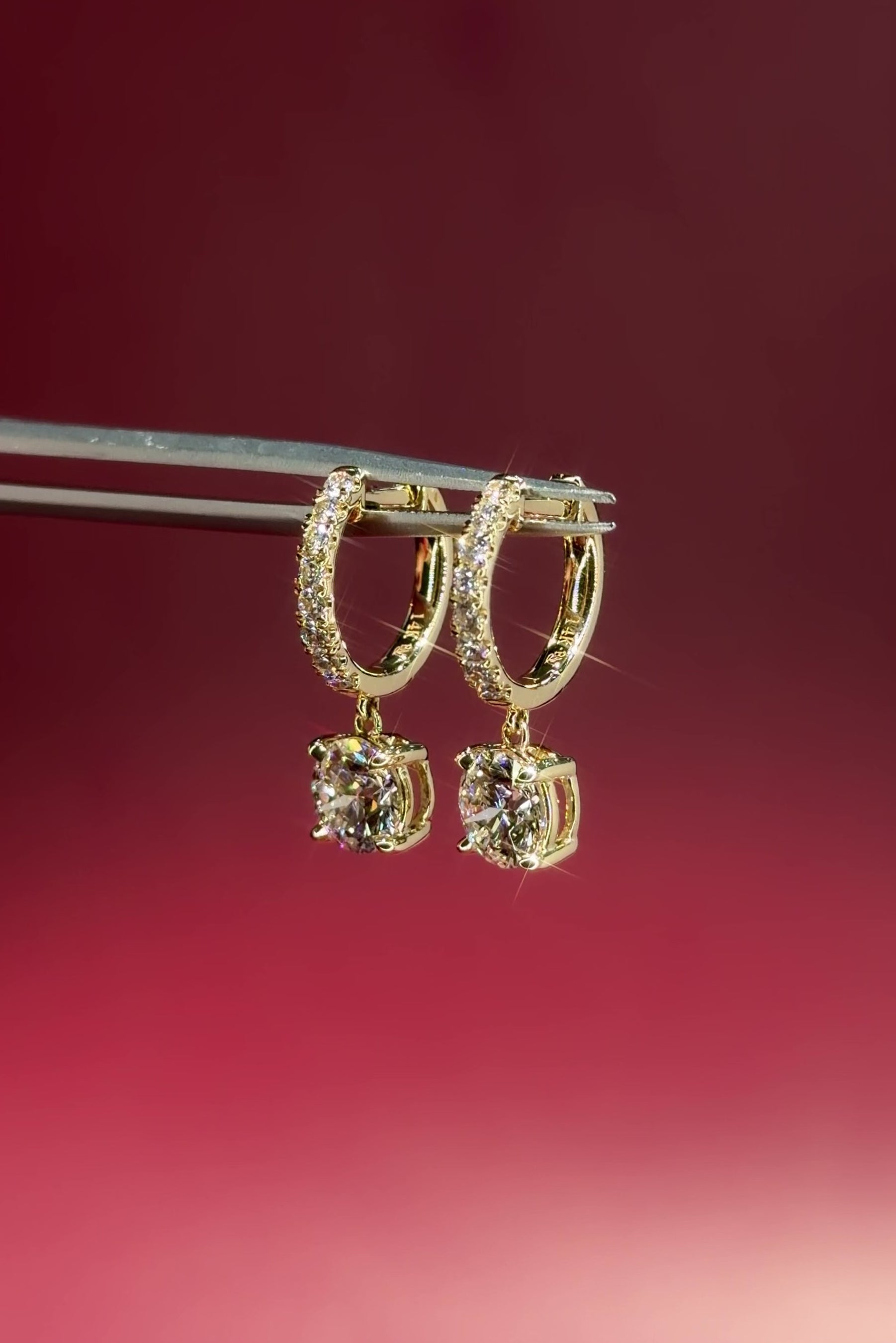 Round Diamond Drop Pave Hoops Yellow Gold