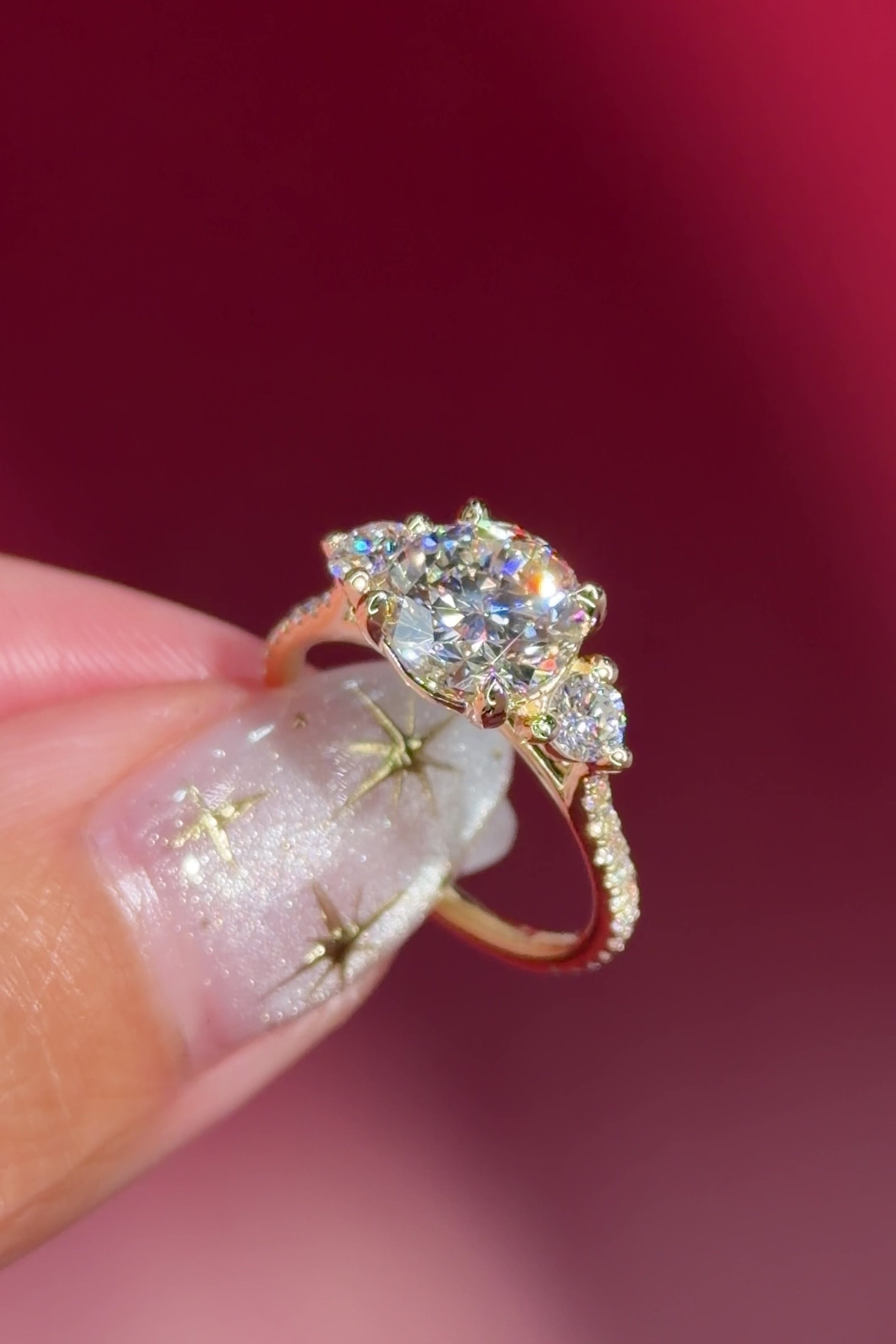 round lab diamond pave yellow gold engagement ring side stones trio