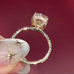 oval lab diamond engagement ring pavé band with diamond prongs and hidden halo