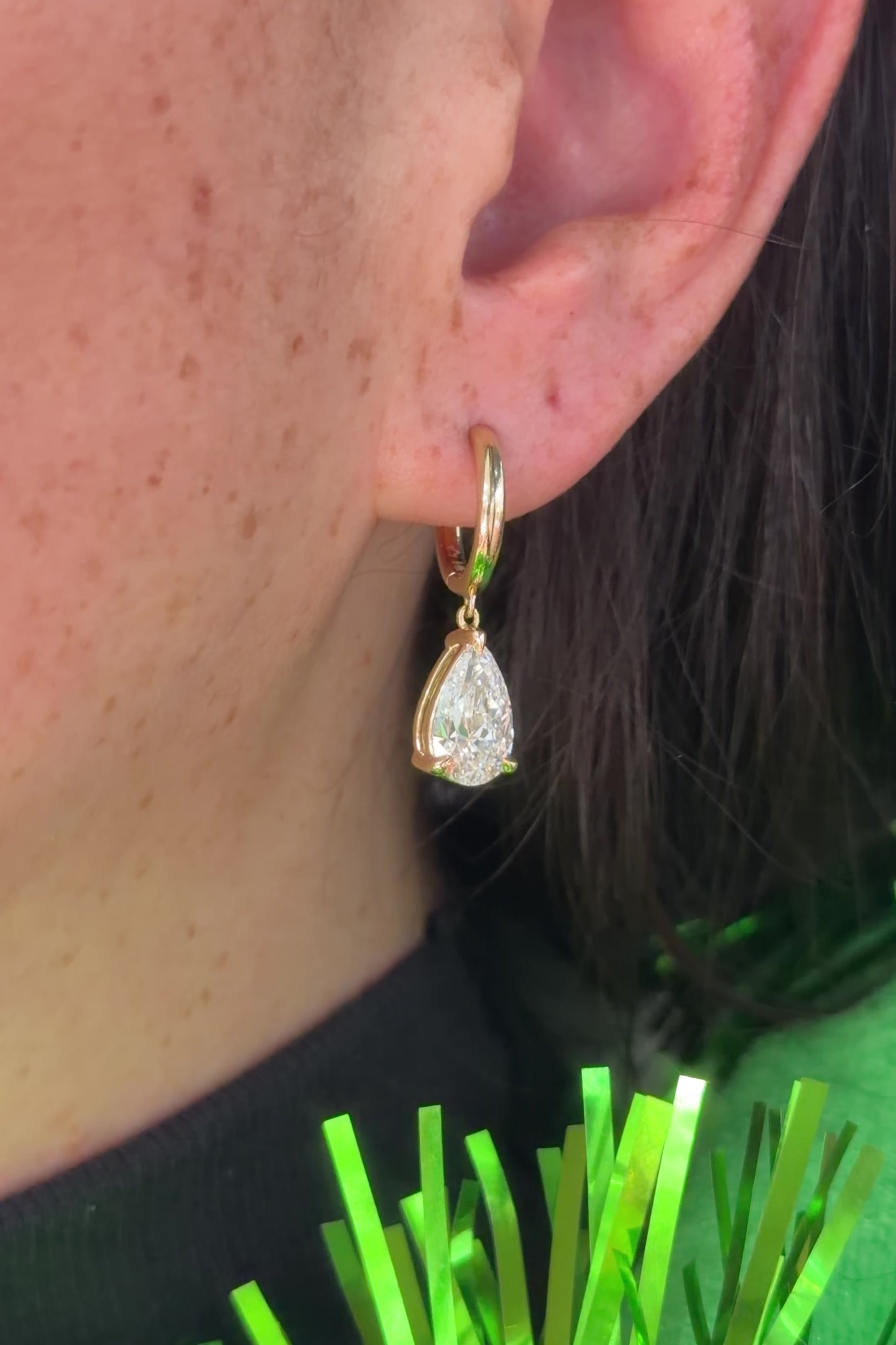 Pear Diamond Drop High Polish Hoops Yellow Gold