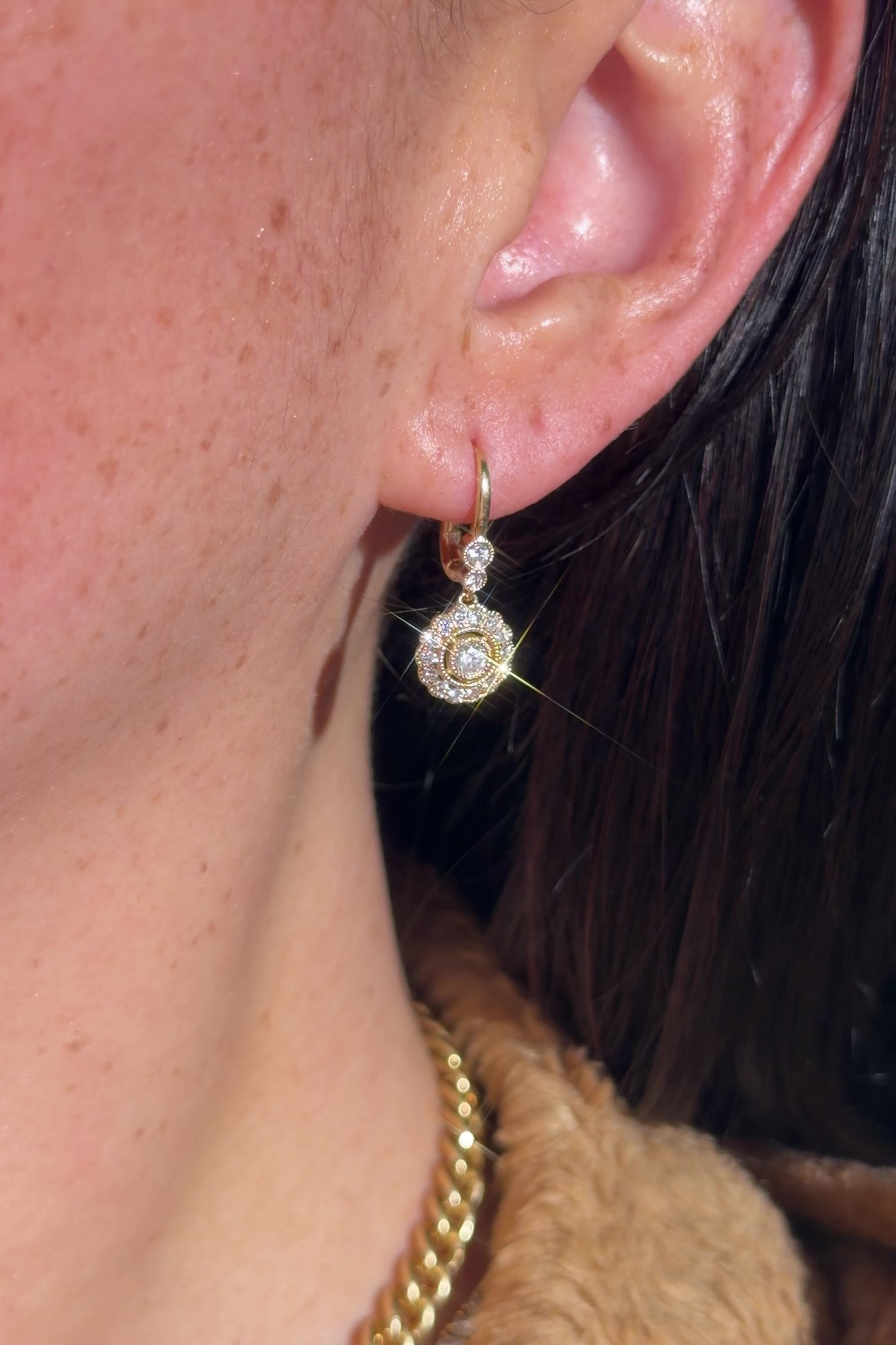 Claire Vintage Drop Earrings with milgrain scalloping and vintage halos