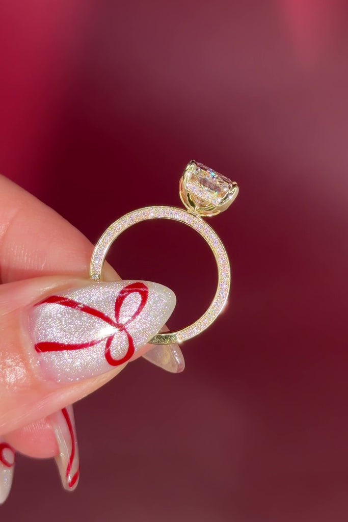 2mm Flat Band Gold Solitaire Engagement Ring radiant Diamond Center Stone with Diamond Rims in Yellow Gold