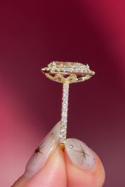 pear lab diamond yellow gold halo engagement ring pave band diamond petal prong basket