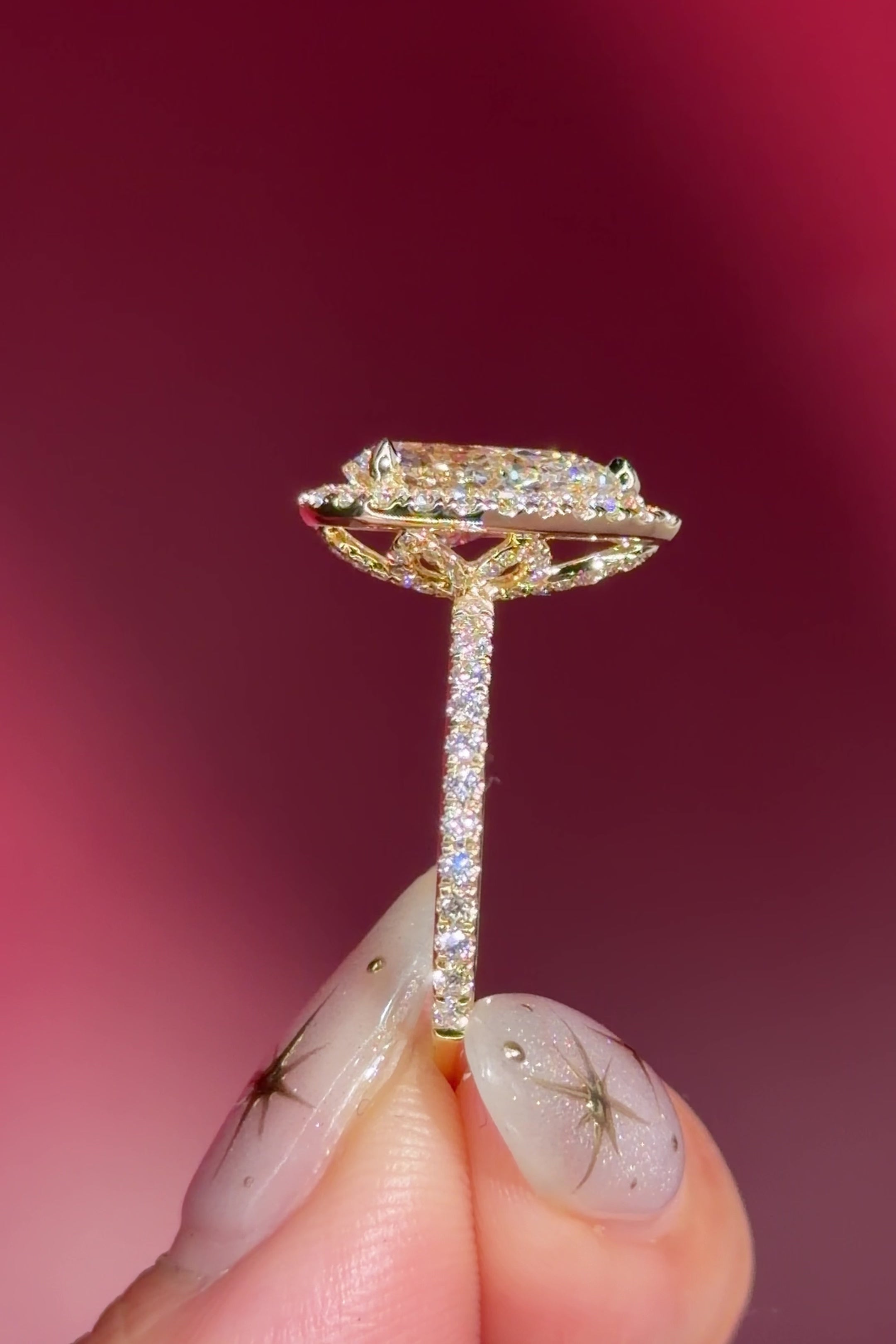 pear lab diamond yellow gold halo engagement ring pave band diamond petal prong basket