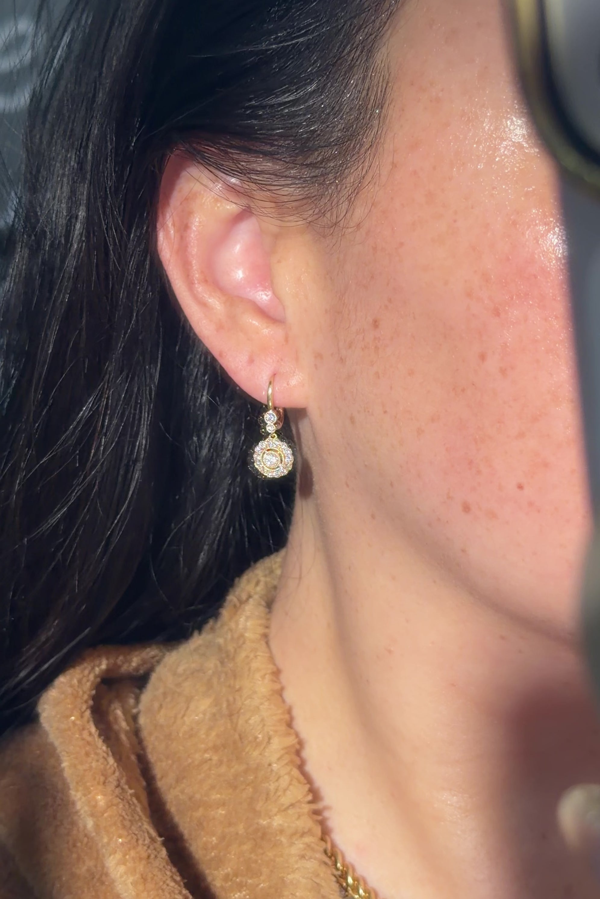 Claire Vintage Drop Earrings with milgrain scalloping and vintage halos