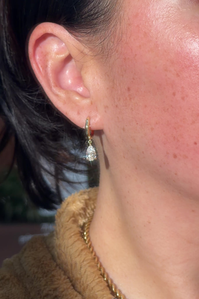 2ct Pear Lab Diamond Drop High Polish Hoops Yellow Gold princess bride diamonds huntington beach jewelry store