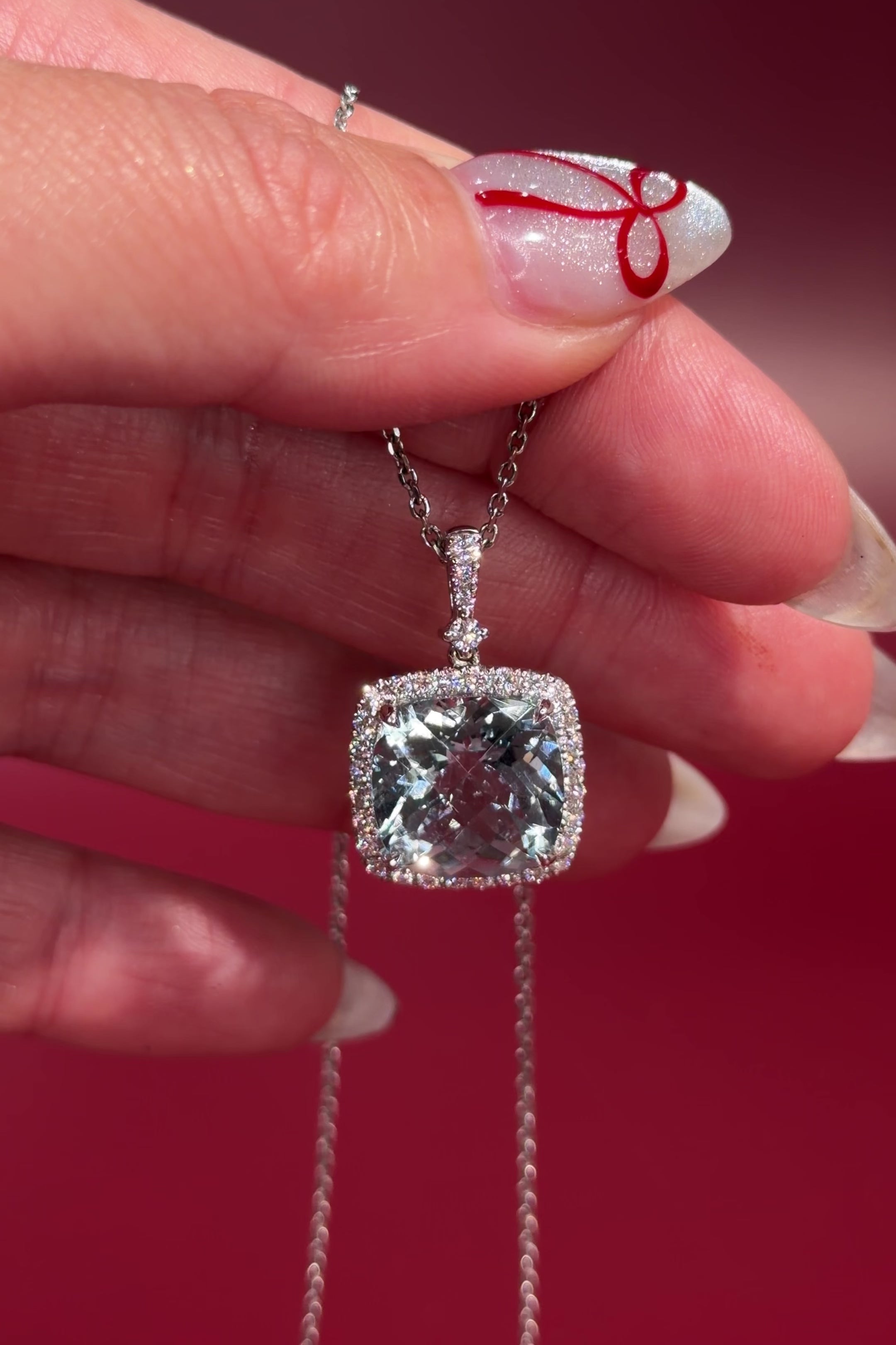 Aquamarine Diamond Halo Necklace Princess Bride Diamonds Huntington Beach Jewelry Store Filigree Basket