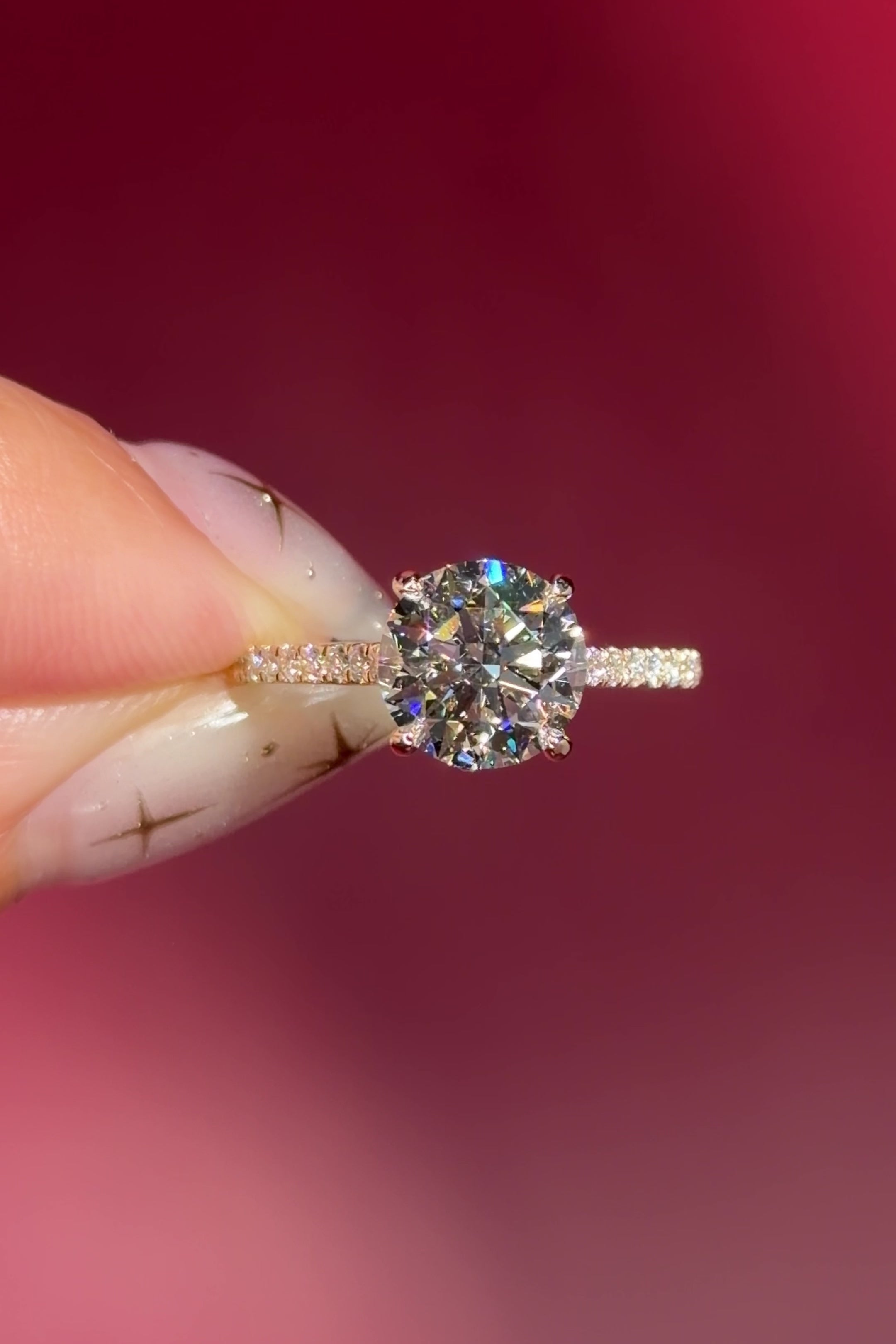 round lab diamond yellow gold engagement ring pavé with cathedral and diamond bridge and diamond prongs