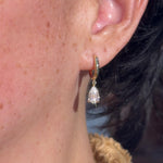 2ct Pear Lab Diamond Drop High Polish Hoops Yellow Gold on ear