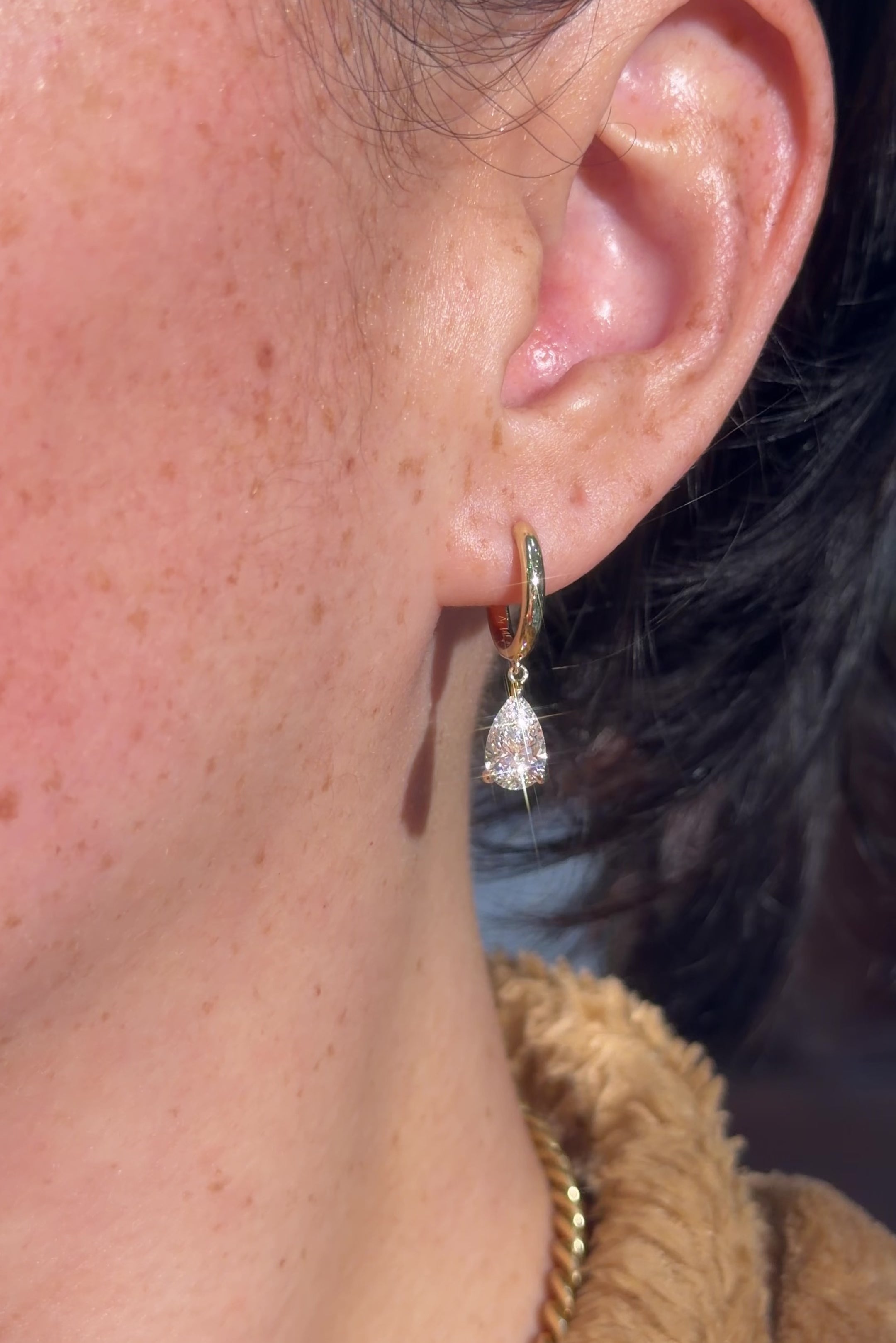 2ct Pear Lab Diamond Drop High Polish Hoops Yellow Gold on ear