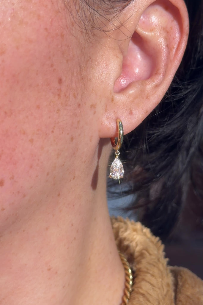 2ct Pear Lab Diamond Drop High Polish Hoops Yellow Gold on ear