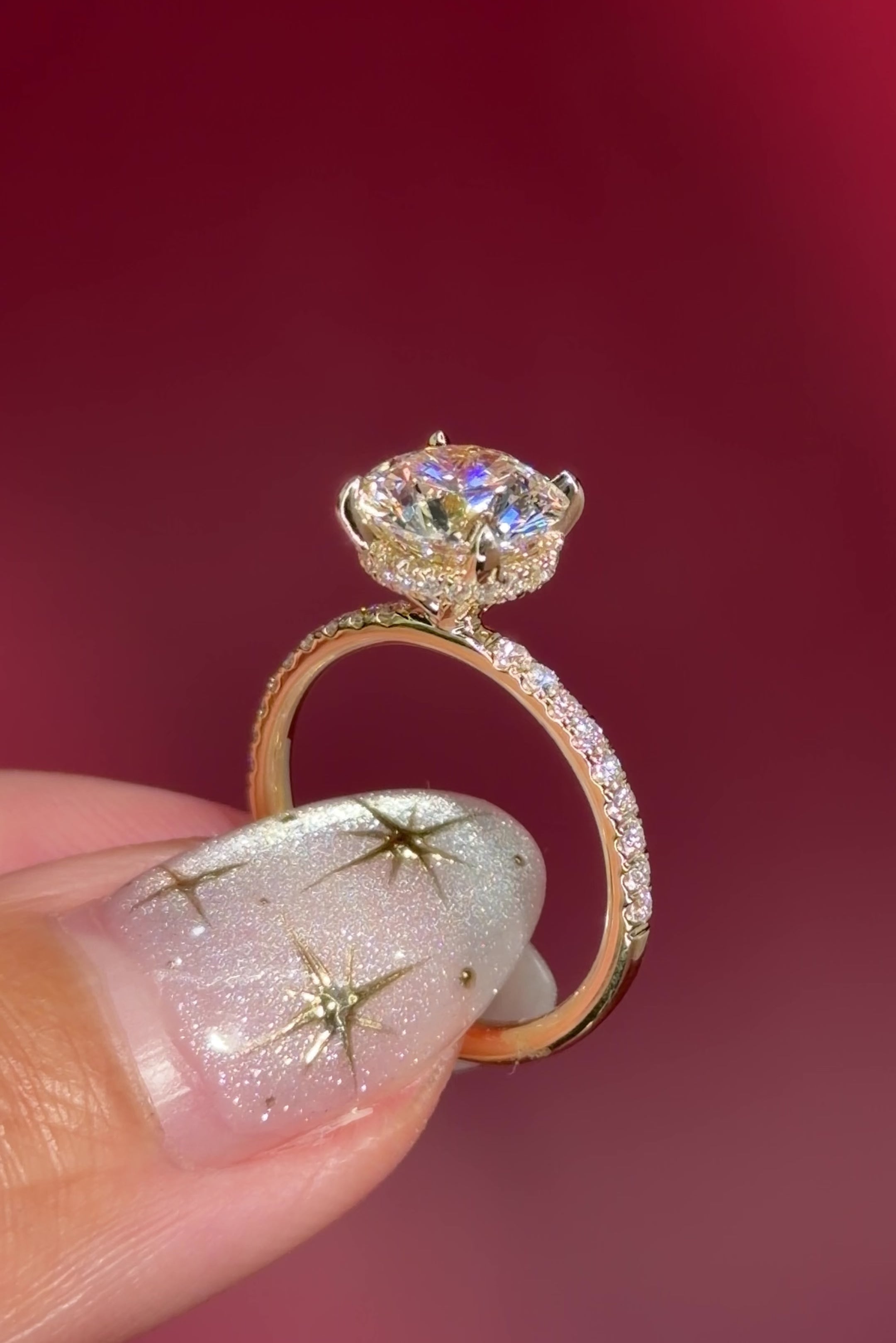 round lab diamond engagement ring yellow gold pavé diamonds with hidden halo