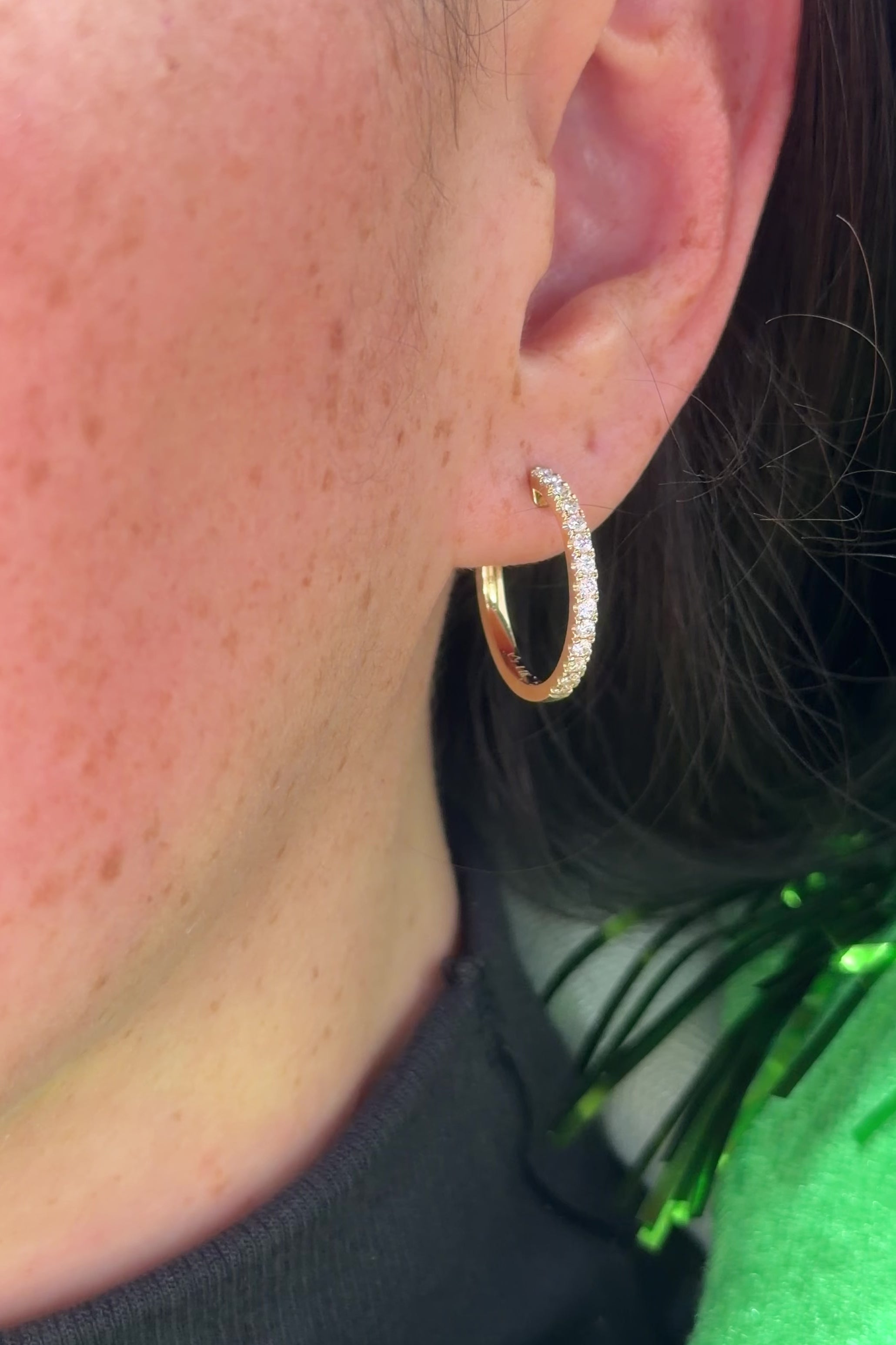 20mm Pavé Hoop Yellow Gold on ear