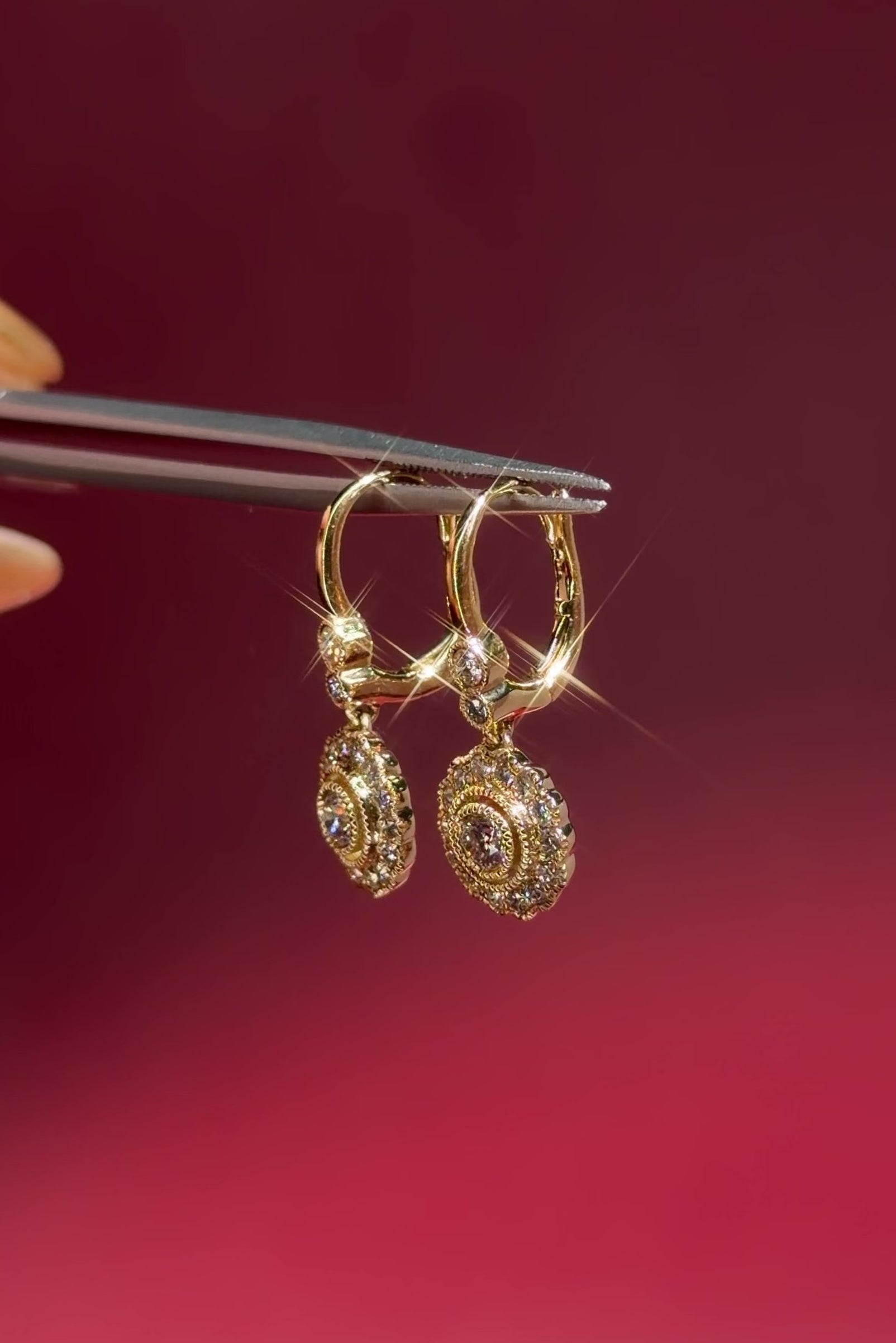 Claire Vintage Drop Earrings with milgrain scalloping and vintage halos