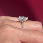 pear lab diamond white gold cathedral engagement ring floating diamond band with hidden halo on hand