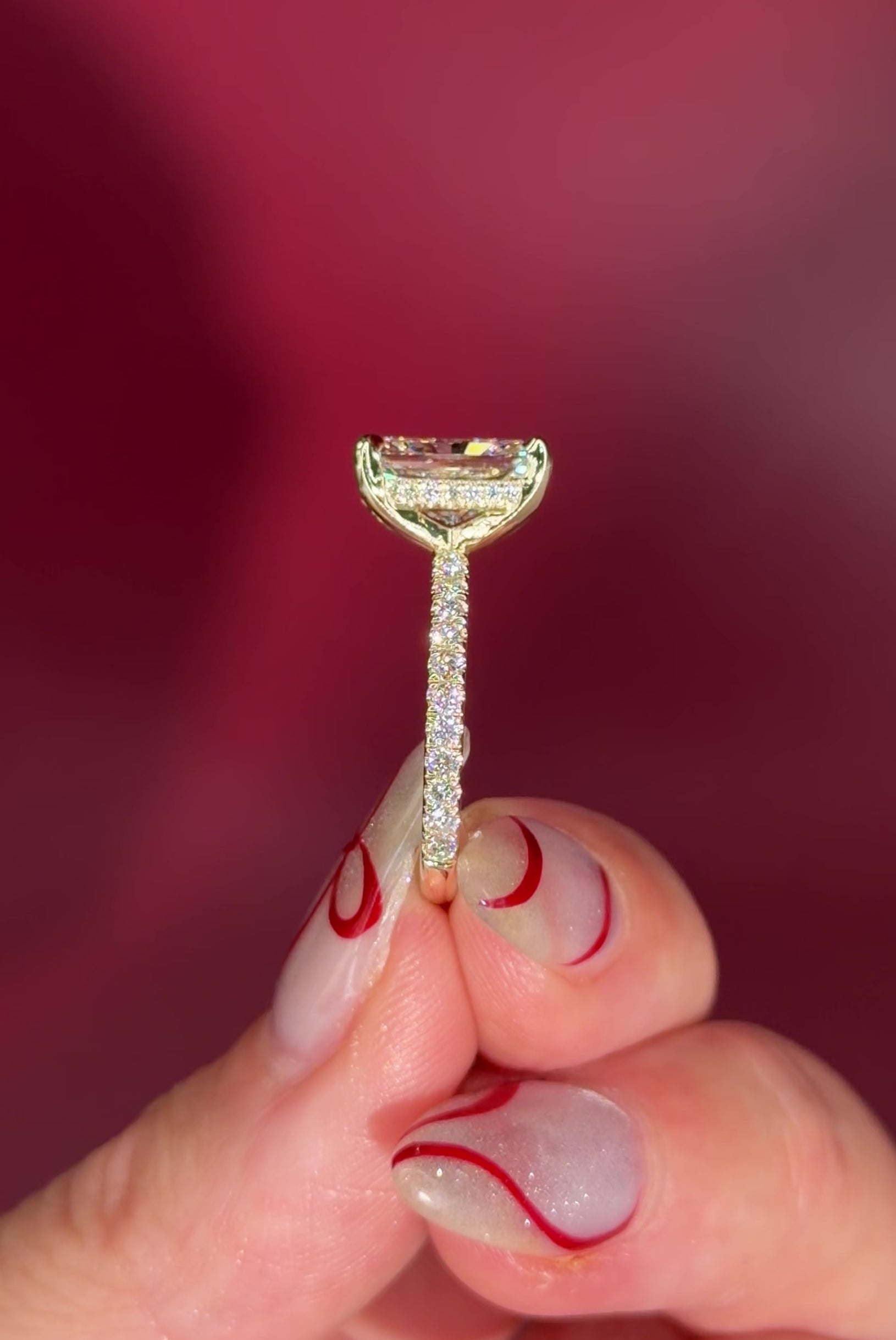 Radiant Lab Diamond Solitaire Engagement Ring with Pave side diamonds and hidden halo