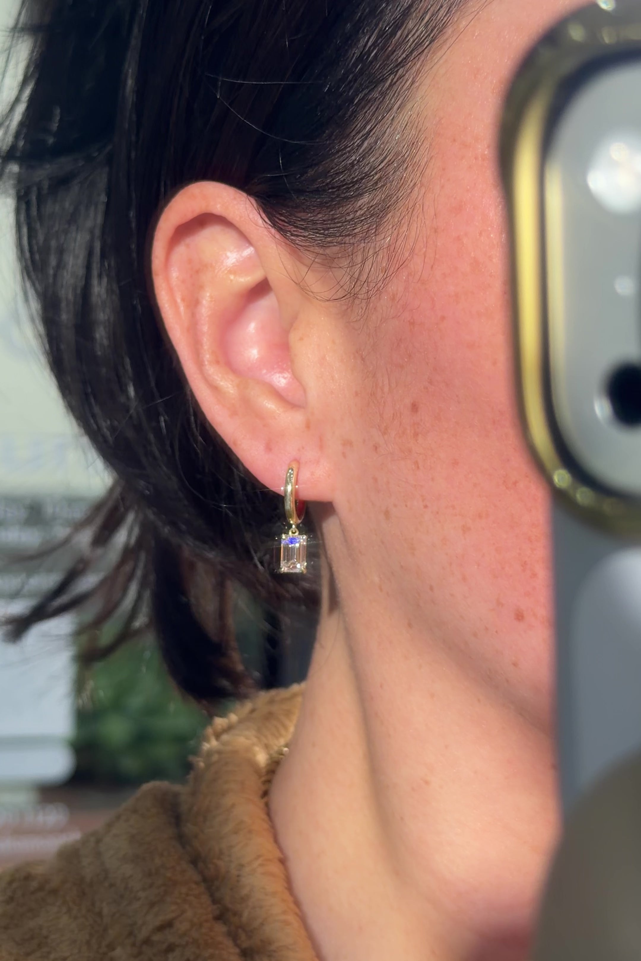 2.2ct Emerald Drop High Polish Hoops Yellow Gold Princess Bride Diamonds Huntington Beach Jewelry Store