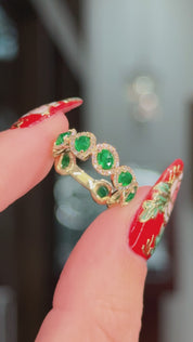 Freeform Natural Emerald and Diamond Halo Ring