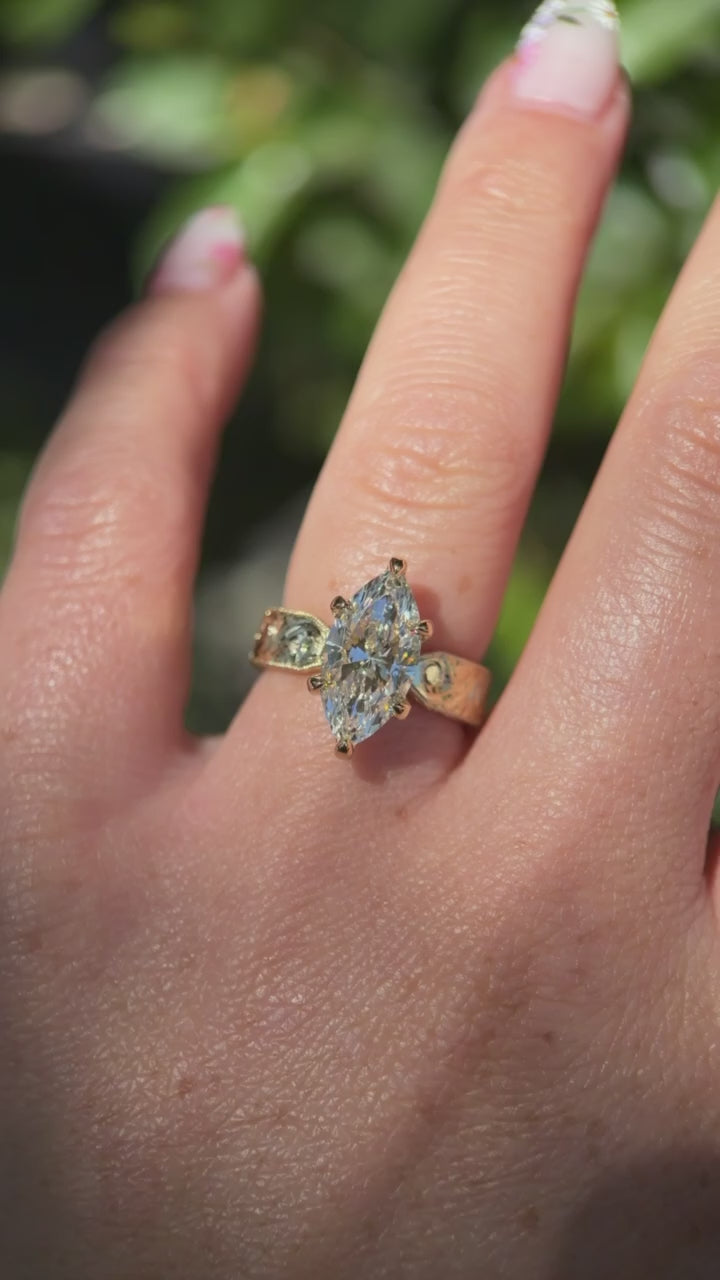 3.02ct D-VS1 Marquise Lab Diamond Hand Engraved Flat Taper Ring
